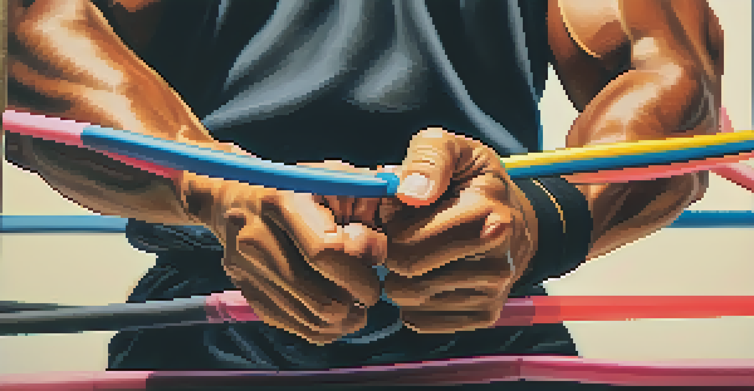 Close-up of a martial artist's hands holding resistance bands, showcasing strength and determination against a blurred background.