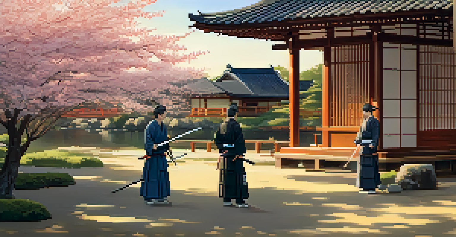 Practitioners of Kendo practicing in a tranquil Japanese garden, surrounded by cherry blossoms and traditional architecture during sunset.