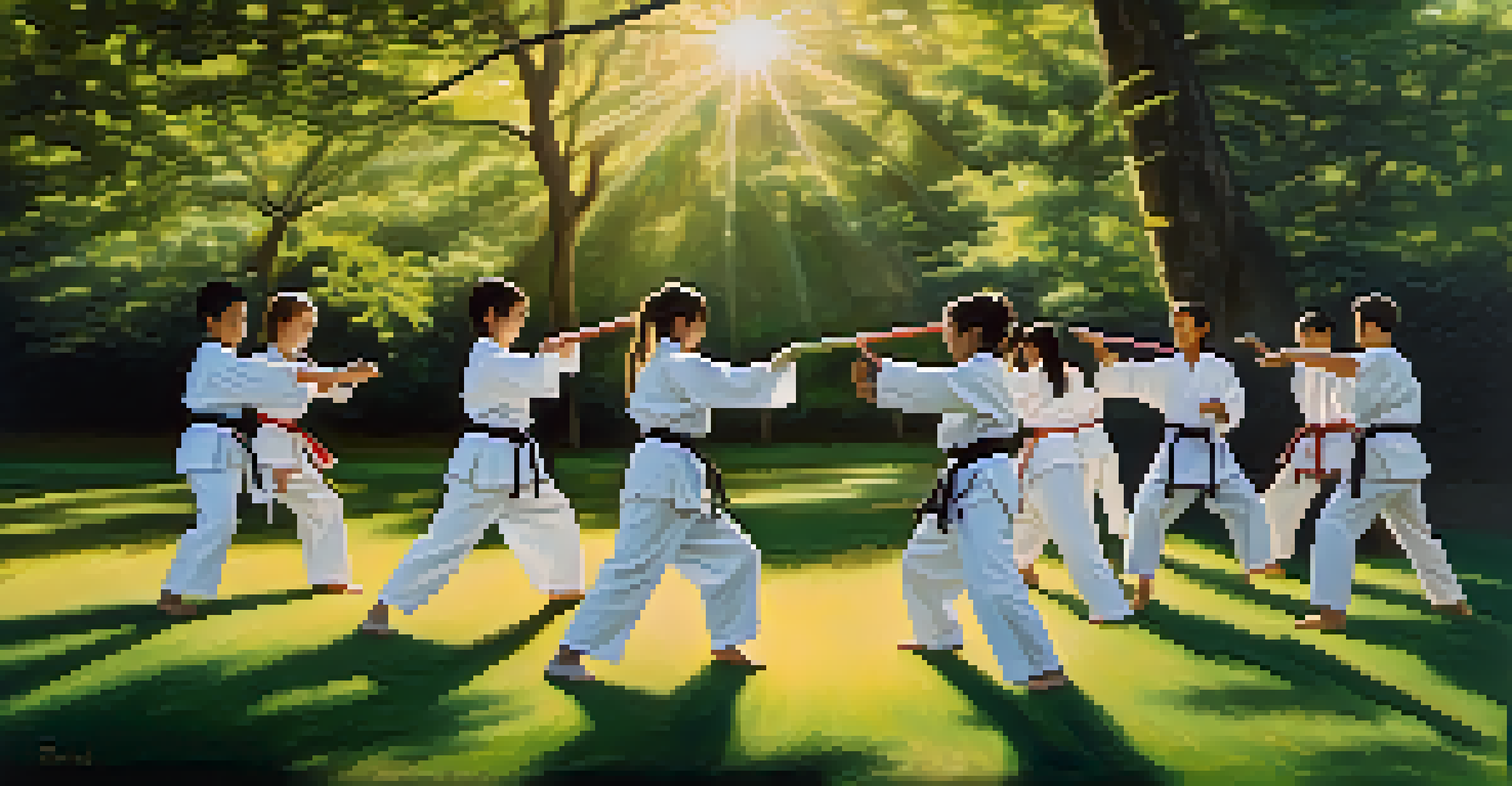 A diverse group of martial arts students practicing together outdoors in a green setting.