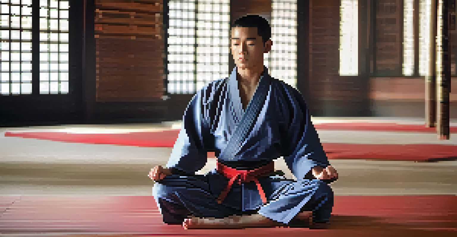 A person meditating in a martial arts class, with a serene expression and traditional uniform, emphasizing mindfulness.