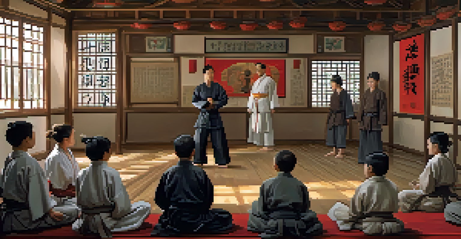 A martial arts instructor teaching students about the history and philosophy of their practice in a classroom setting.