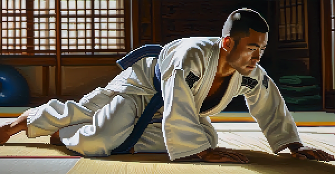A Brazilian Jiu-Jitsu practitioner in a white gi demonstrating a guard position on a tatami mat, with soft natural lighting.
