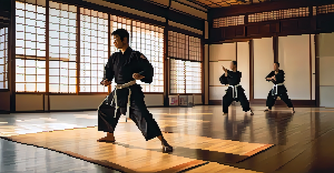 A martial artist practicing kata in a tranquil dojo illuminated by morning light, with traditional decor and a garden view.
