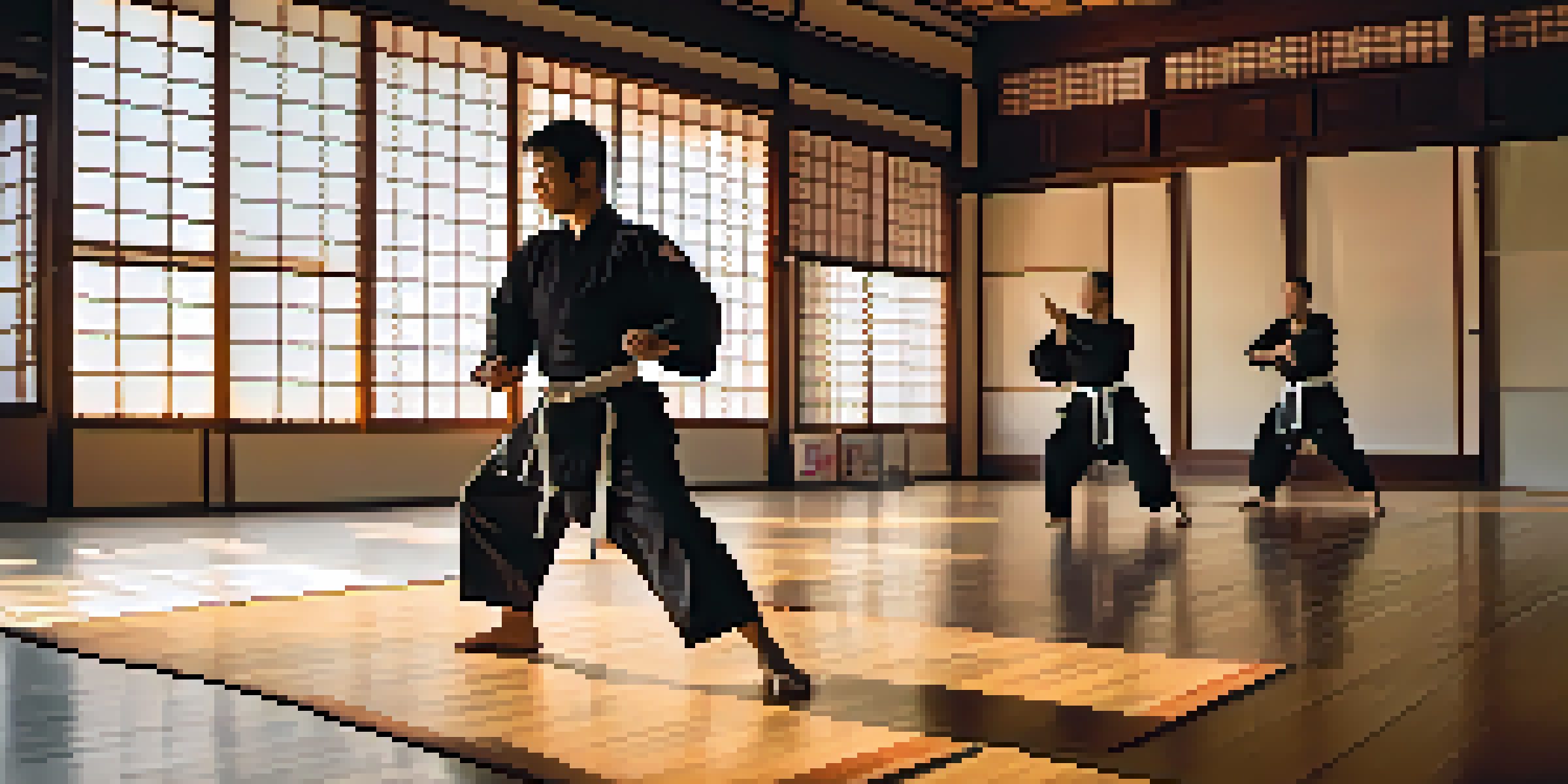 A martial artist practicing kata in a tranquil dojo illuminated by morning light, with traditional decor and a garden view.