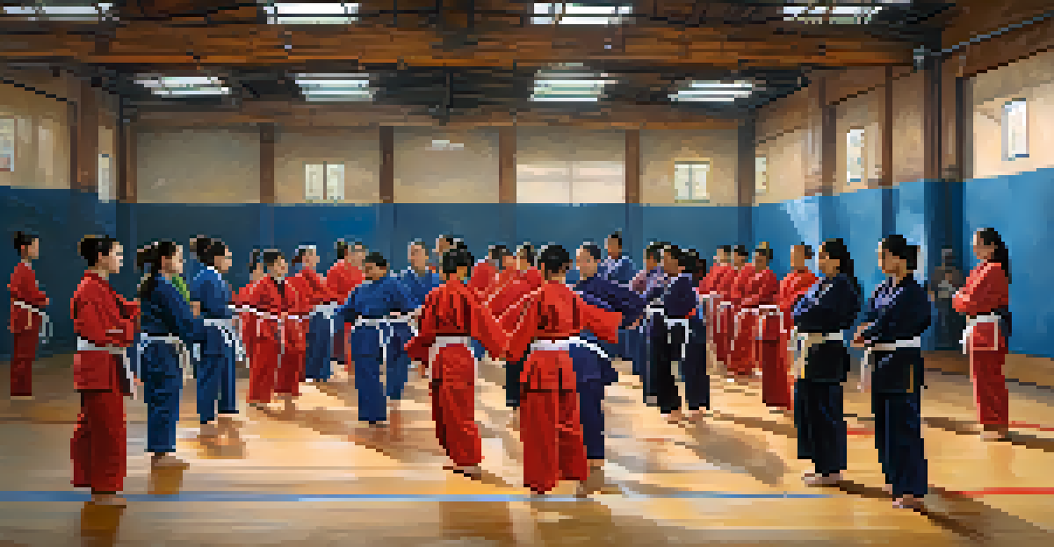 Women participating in a martial arts seminar, actively training together and encouraging one another in a supportive environment.