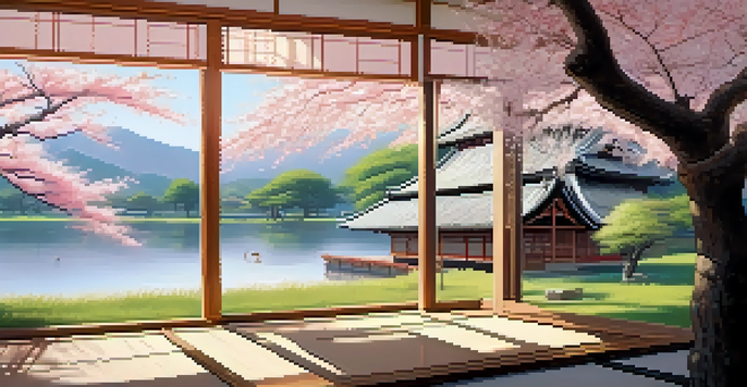 A traditional Japanese dojo surrounded by cherry blossom trees with a calm pond in front, illuminated by soft sunlight.