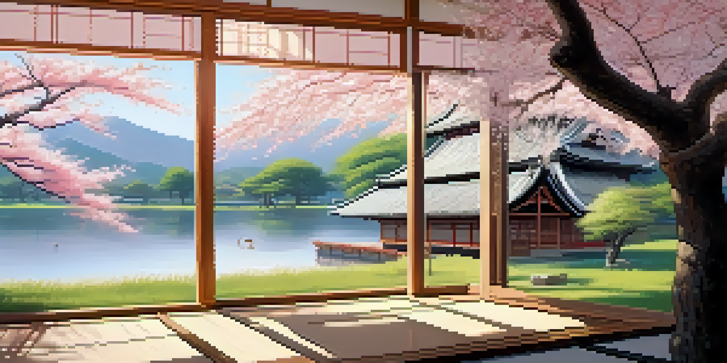 A traditional Japanese dojo surrounded by cherry blossom trees with a calm pond in front, illuminated by soft sunlight.