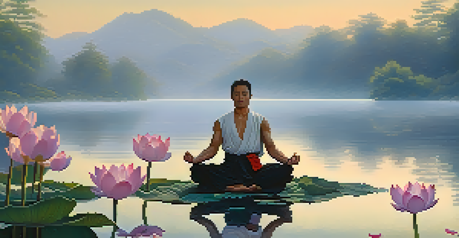 A martial artist meditating by a peaceful lake at dawn, surrounded by nature's beauty.