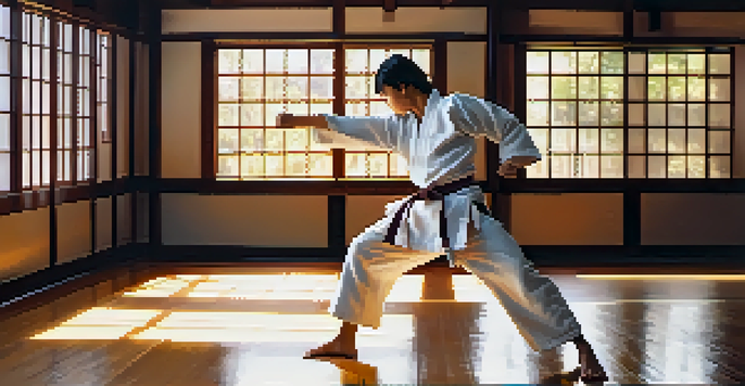 A young martial artist practicing a high kick in a dojo, with sunlight streaming through the windows.