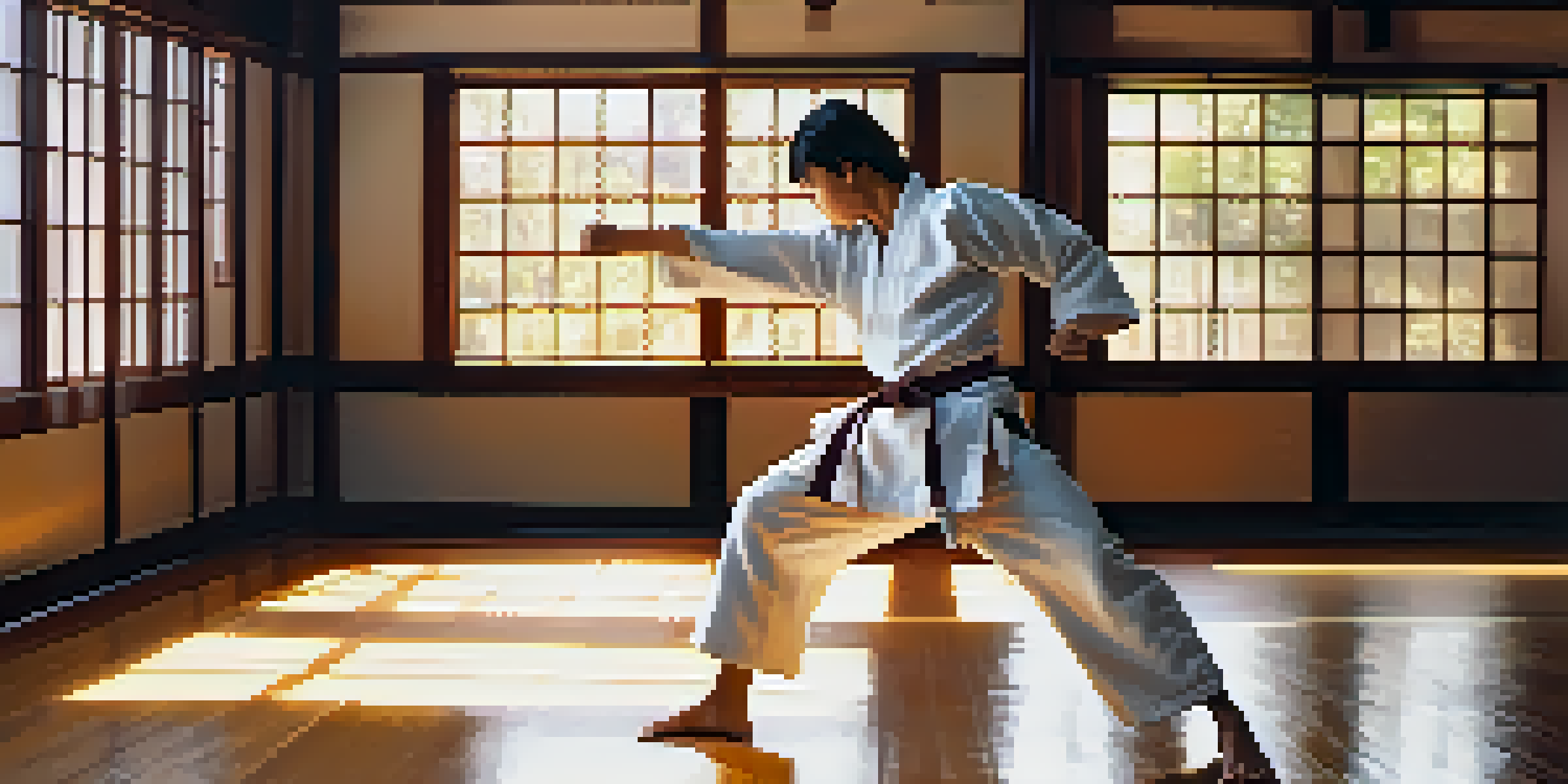 A young martial artist practicing a high kick in a dojo, with sunlight streaming through the windows.