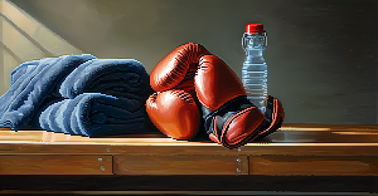 Close-up of worn boxing gloves on a gym bench, with a water bottle and towel in soft ambient light.