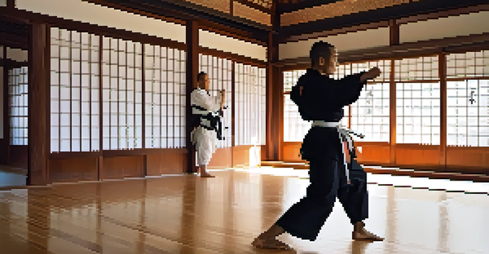 A martial artist practicing a high kick in a peaceful dojo, surrounded by natural light and traditional decor.