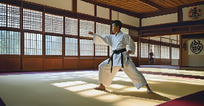 A practitioner performing a kata in a peaceful dojo, surrounded by natural light and traditional decor.