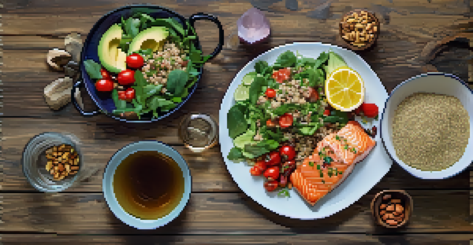 A healthy meal for a martial artist, featuring grilled salmon, quinoa, and a colorful salad on a wooden table.