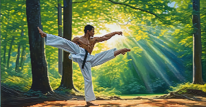 A martial artist executing a high kick in a forest, sunlight filtering through trees.