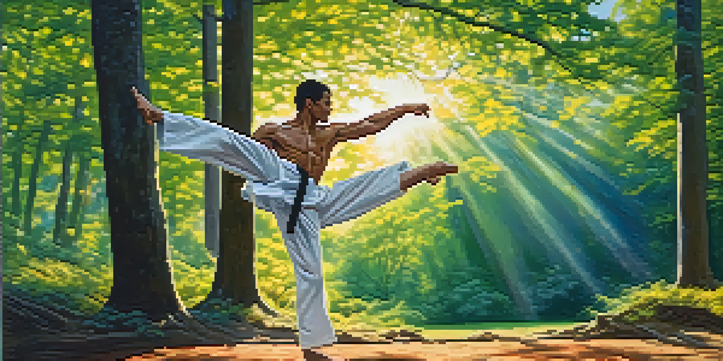 A martial artist executing a high kick in a forest, sunlight filtering through trees.