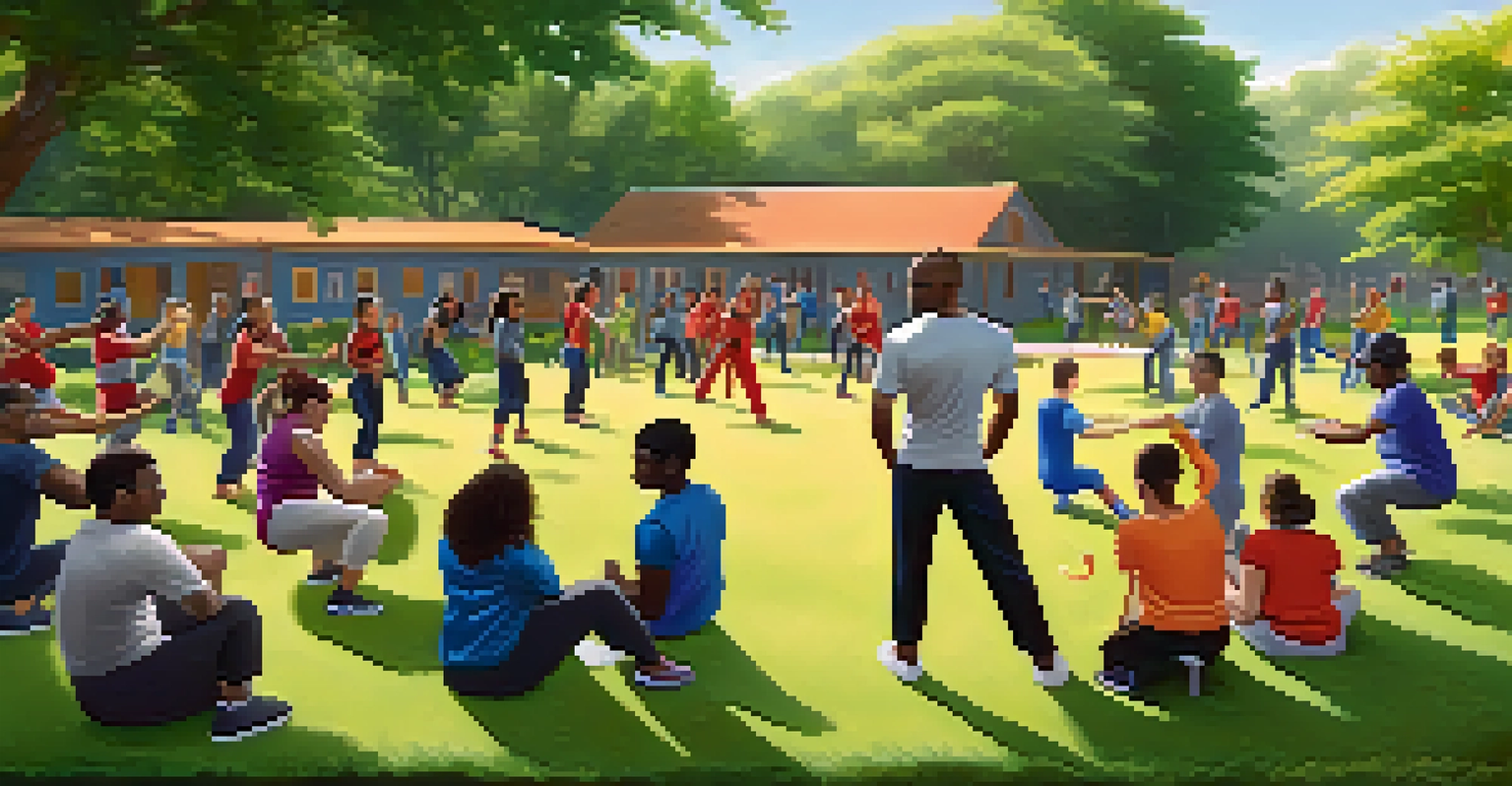 A lively self-defense workshop in a park with participants learning techniques from an instructor.