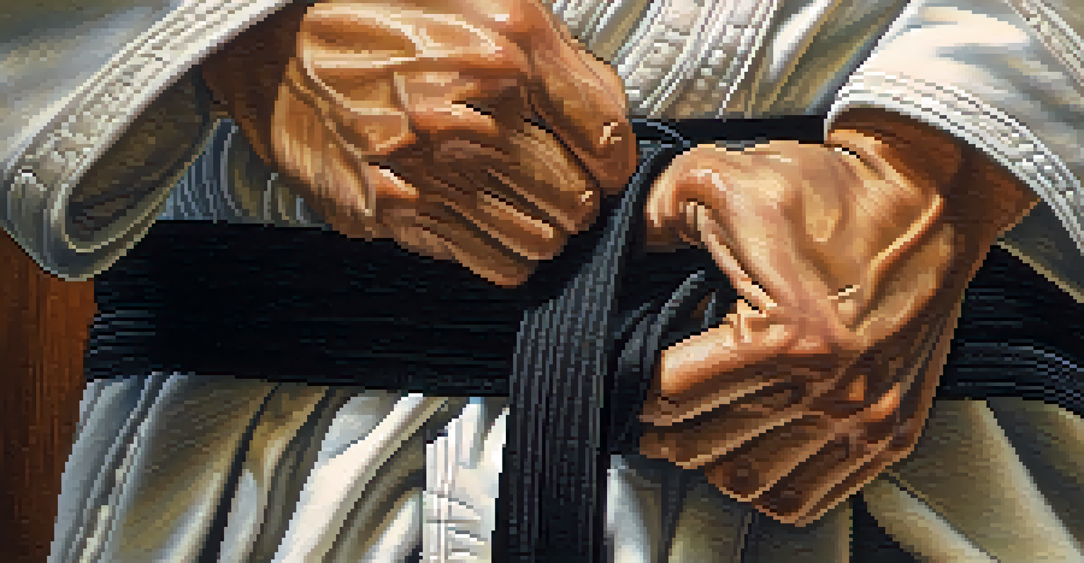 A close-up of a martial artist's hands holding a black belt, symbolizing achievement and discipline.
