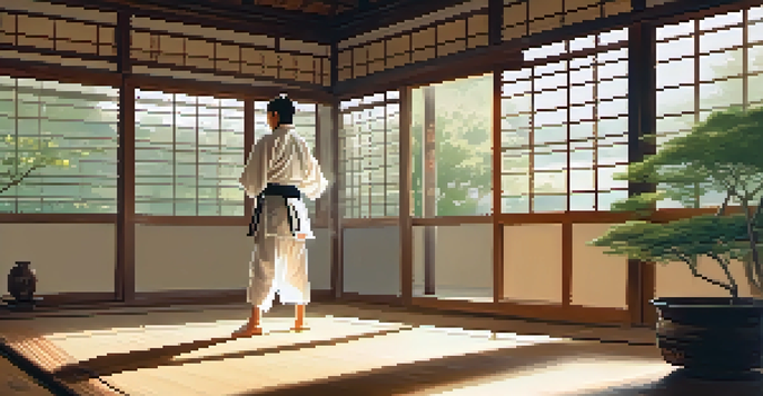 A lone martial artist practicing a kata in a serene dojo at dawn, with sunlight streaming through paper sliding doors and casting soft shadows.