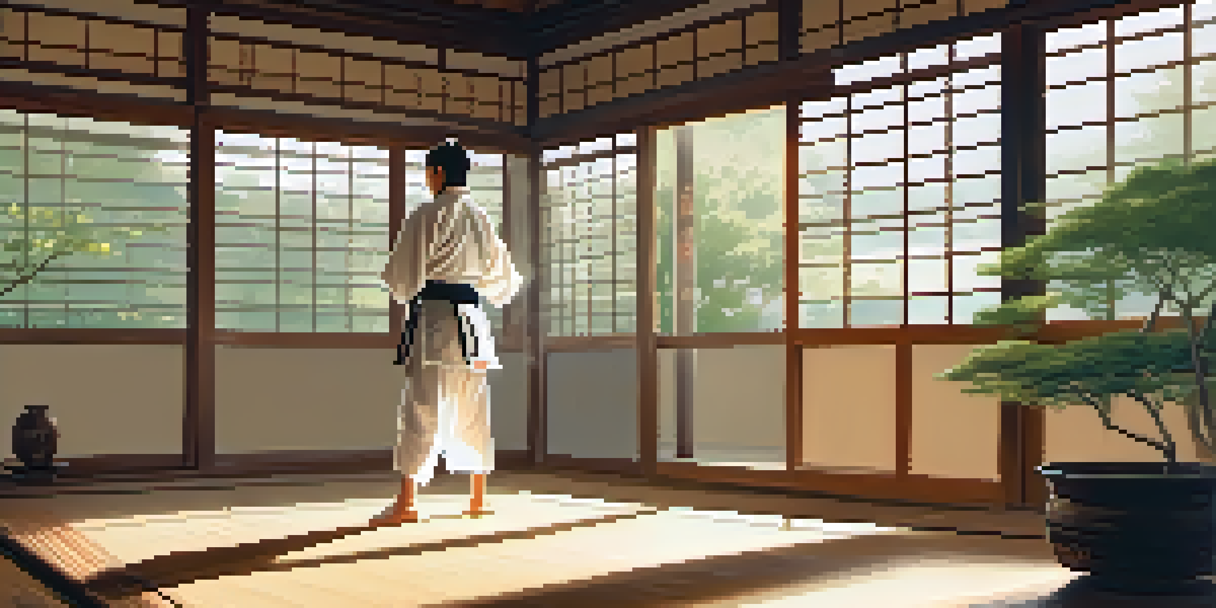 A lone martial artist practicing a kata in a serene dojo at dawn, with sunlight streaming through paper sliding doors and casting soft shadows.