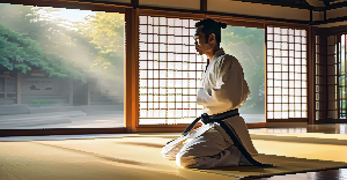 A peaceful martial arts dojo at sunrise with a practitioner in a white uniform performing a kata.