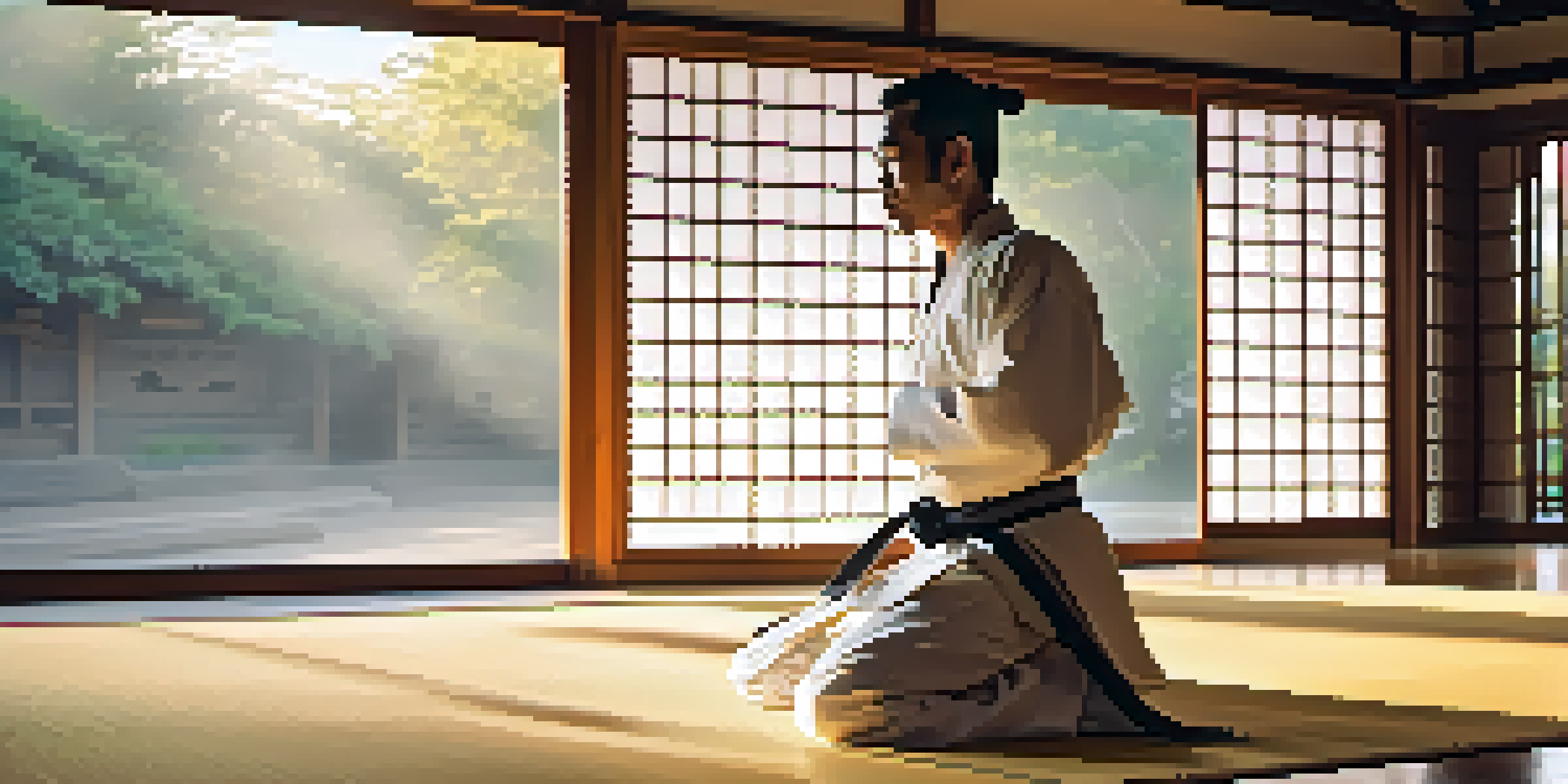 A peaceful martial arts dojo at sunrise with a practitioner in a white uniform performing a kata.