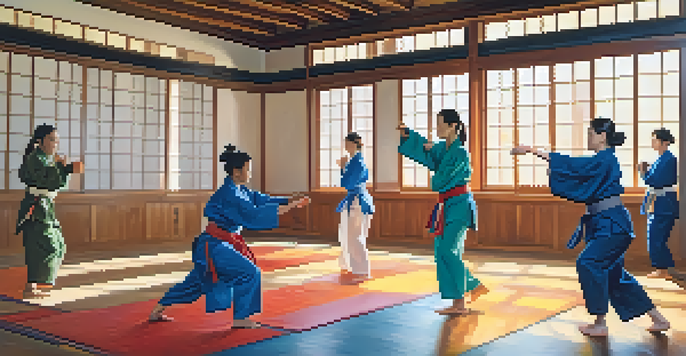 A group of diverse women practicing martial arts in a dojo, illuminated by sunlight, demonstrating focus and determination.