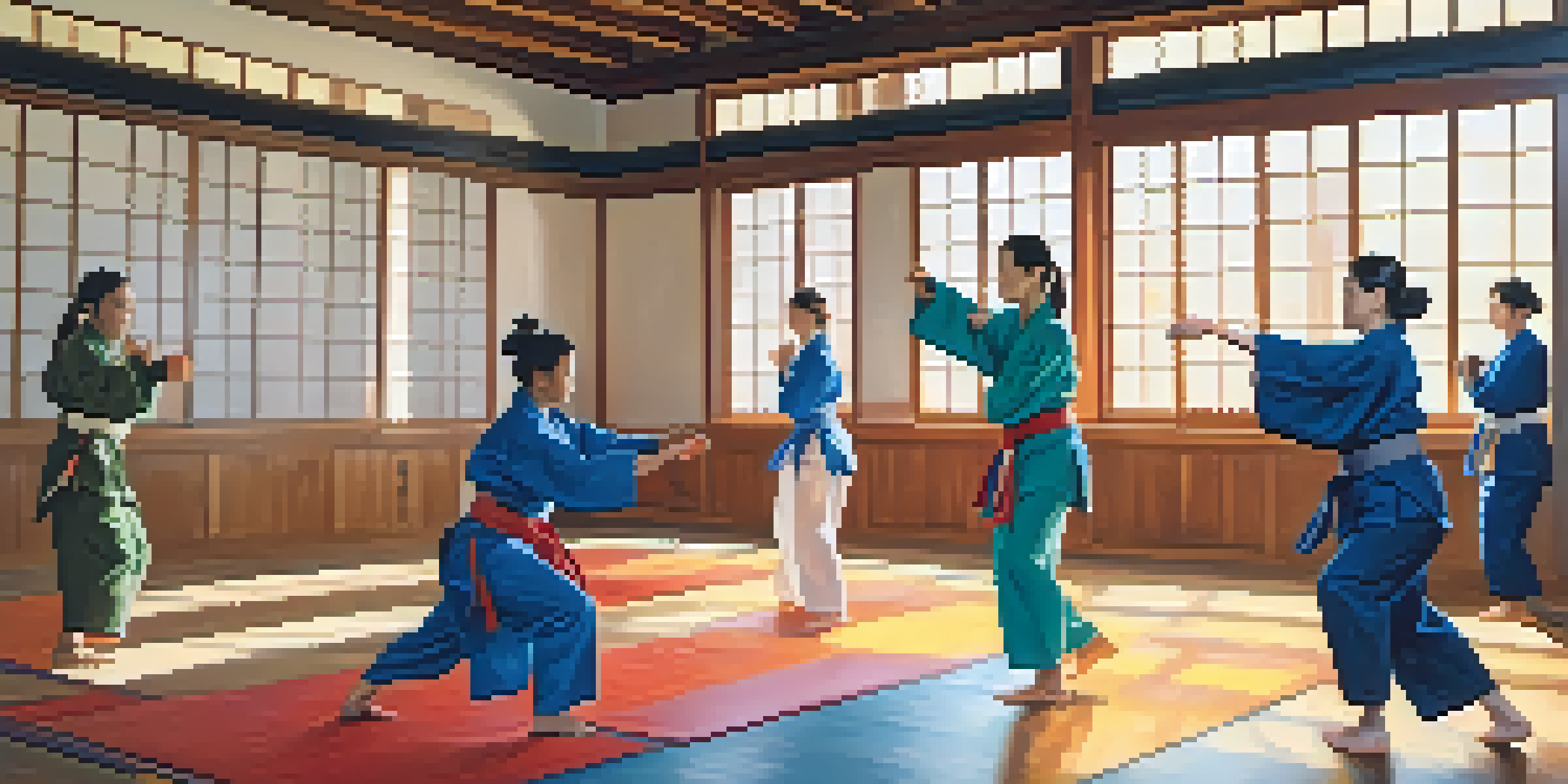 A group of diverse women practicing martial arts in a dojo, illuminated by sunlight, demonstrating focus and determination.
