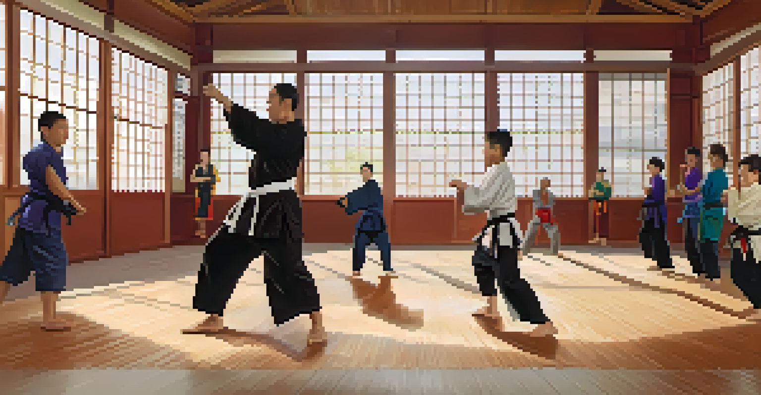 A diverse group of individuals practicing martial arts in a bright dojo with an instructor guiding them.