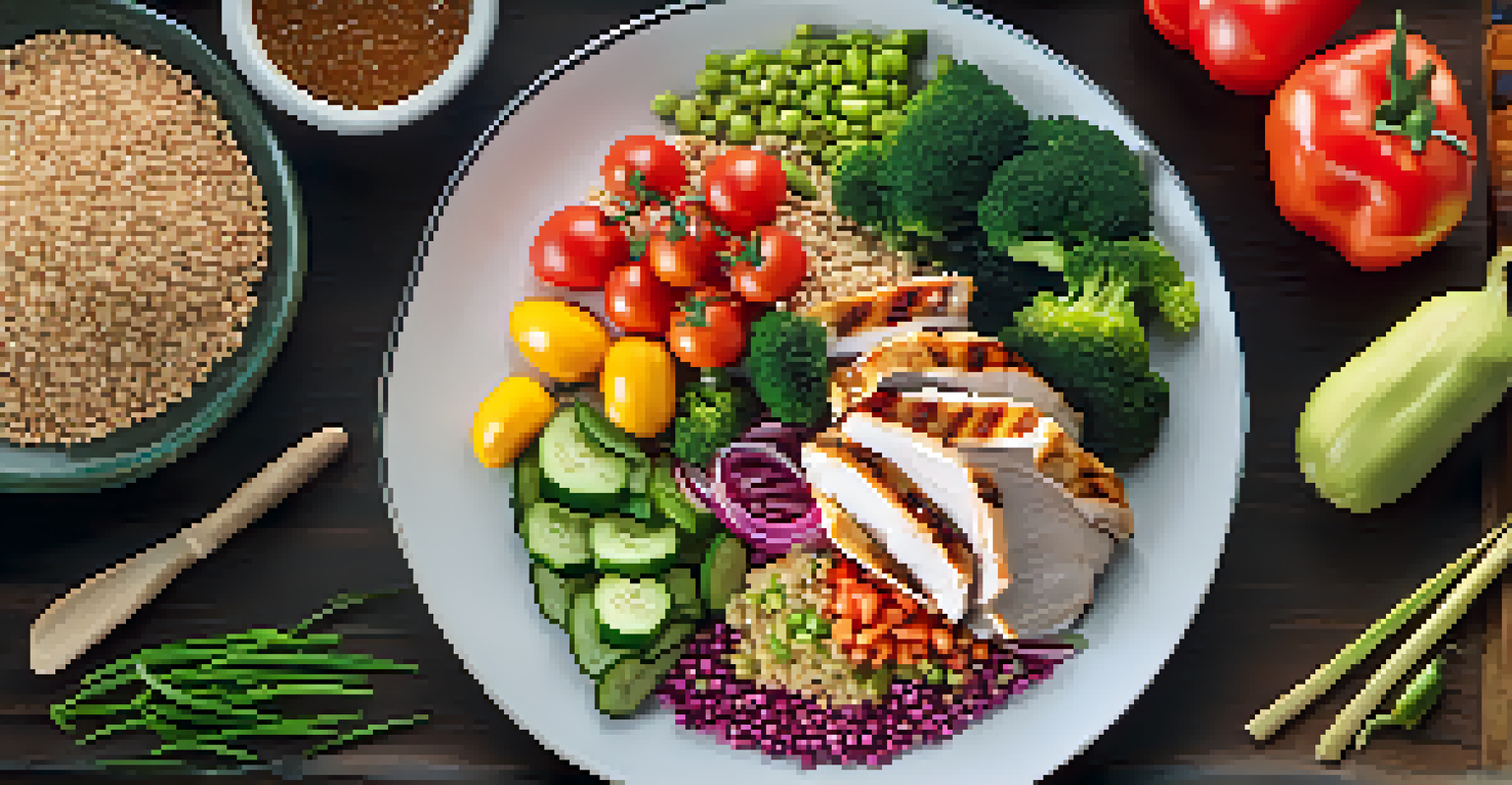 A colorful plate showcasing a balanced meal for martial artists with fresh vegetables, grilled chicken, and quinoa.
