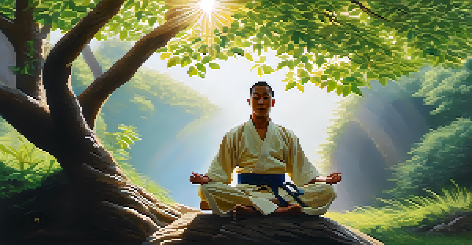 A martial artist meditating in nature, surrounded by sunlight and greenery.
