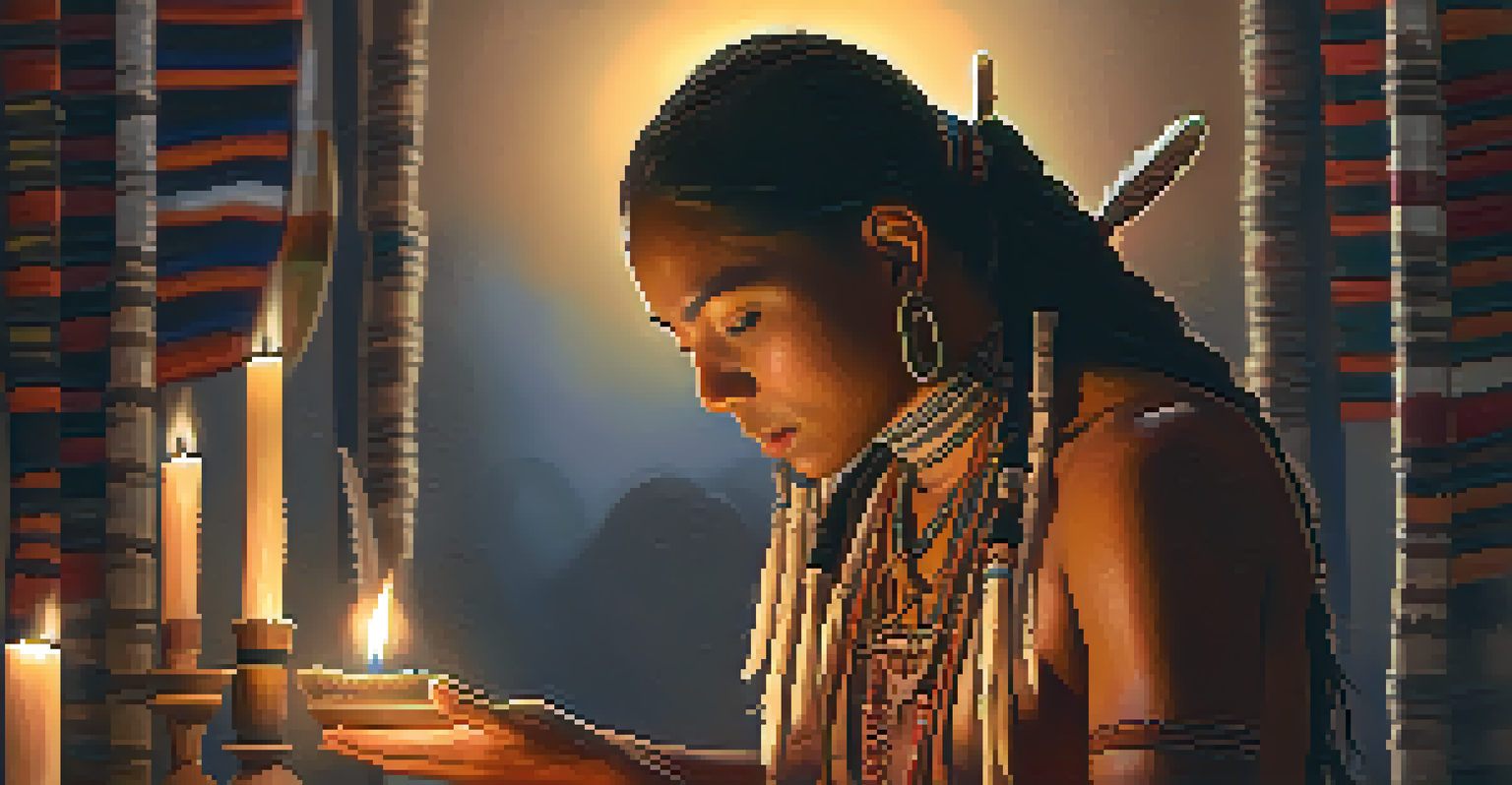 Close-up of an Indigenous martial artist performing a ritual, holding a ceremonial object and feather in a warmly lit training space.
