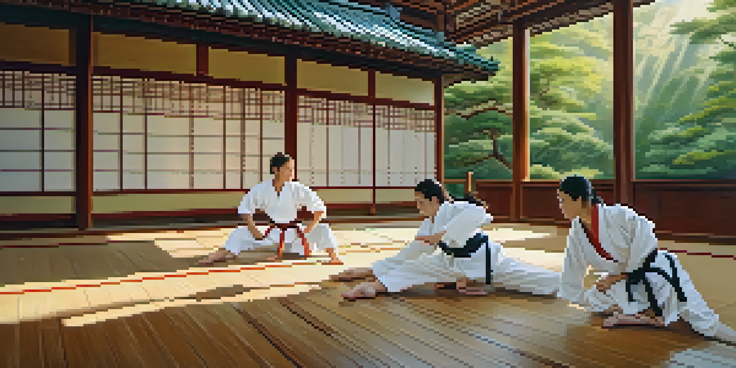 A peaceful outdoor dojo with martial artists practicing judo under warm morning light, surrounded by greenery.