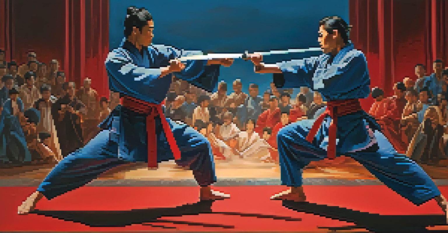 Two martial artists in elaborate costumes engaged in a choreographed fight scene on a stage with dramatic lighting.