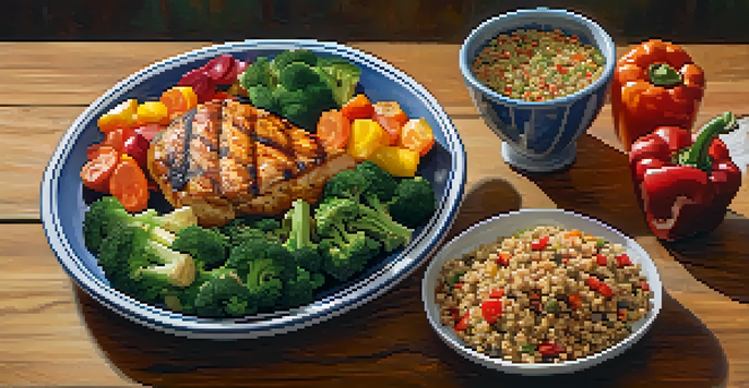A vibrant plate of healthy food including grilled chicken, quinoa, and colorful vegetables, beautifully arranged on a wooden table.