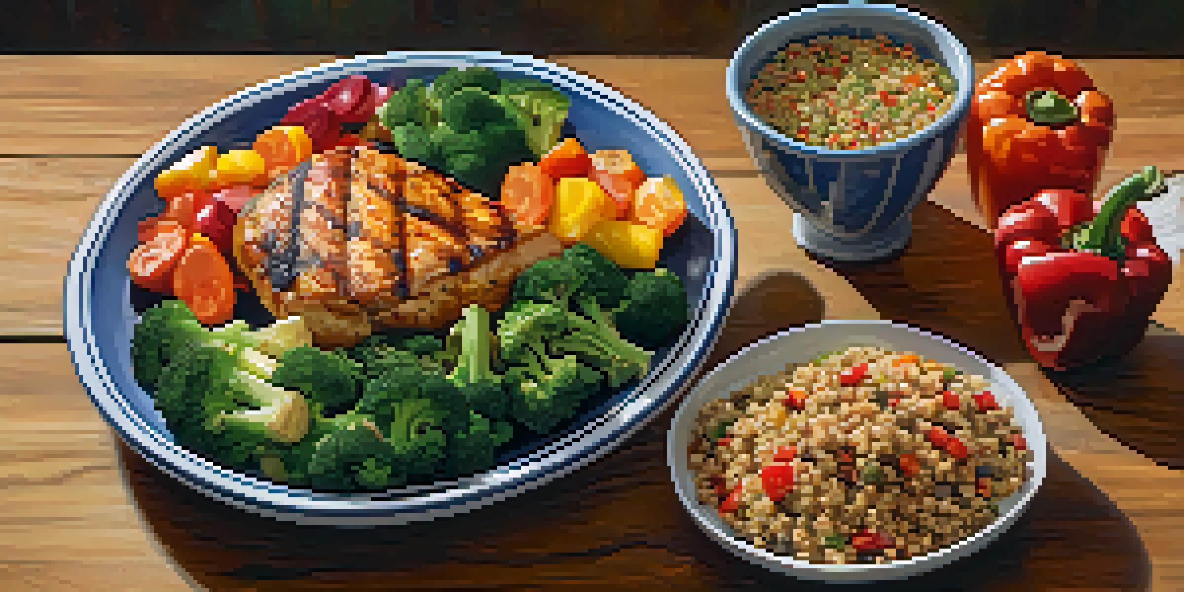 A vibrant plate of healthy food including grilled chicken, quinoa, and colorful vegetables, beautifully arranged on a wooden table.