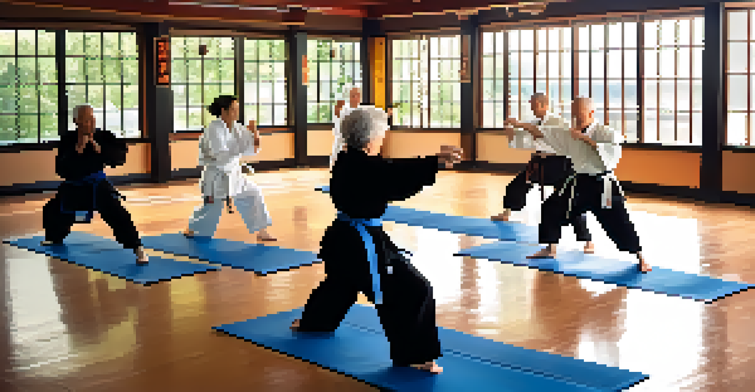 Seniors participating in a martial arts class in a bright dojo, led by an instructor.