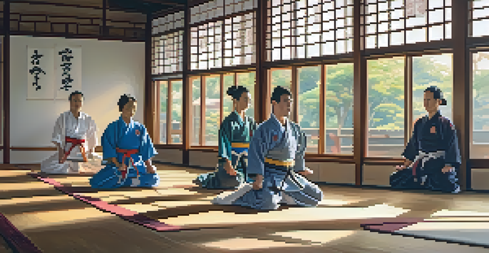 A peaceful martial arts dojo filled with practitioners in colorful uniforms practicing kata, illuminated by natural sunlight.
