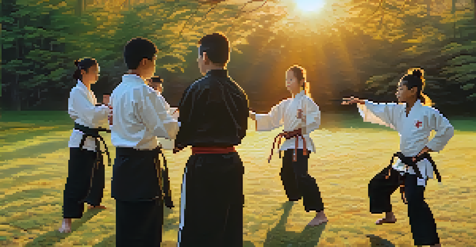A martial arts instructor teaching a group of students outdoors at sunset, emphasizing guidance and community support.