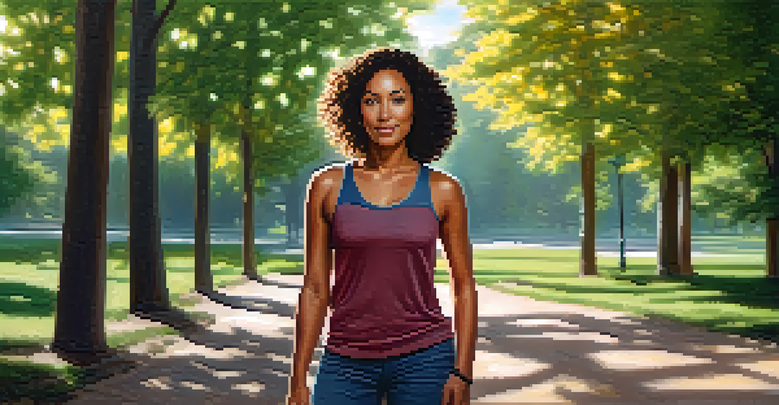 A woman practicing situational awareness in a peaceful park, exuding confidence and calmness.