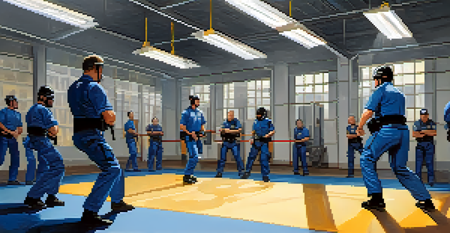 Police officers training in a gym, practicing grappling techniques with protective gear.