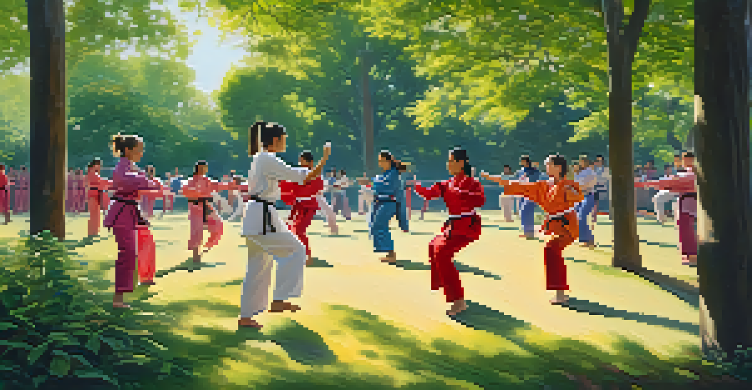 A women-only martial arts class taking place in a sunny park, showcasing community and teamwork among participants.