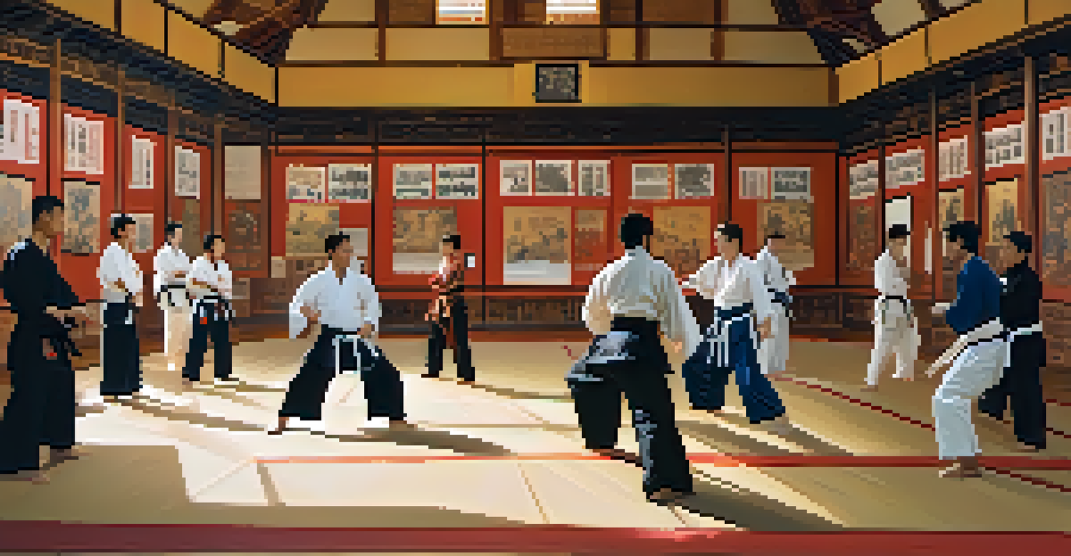 Participants in a workshop exchange martial arts techniques in a warmly lit room adorned with historical posters, showcasing a diversity of styles.