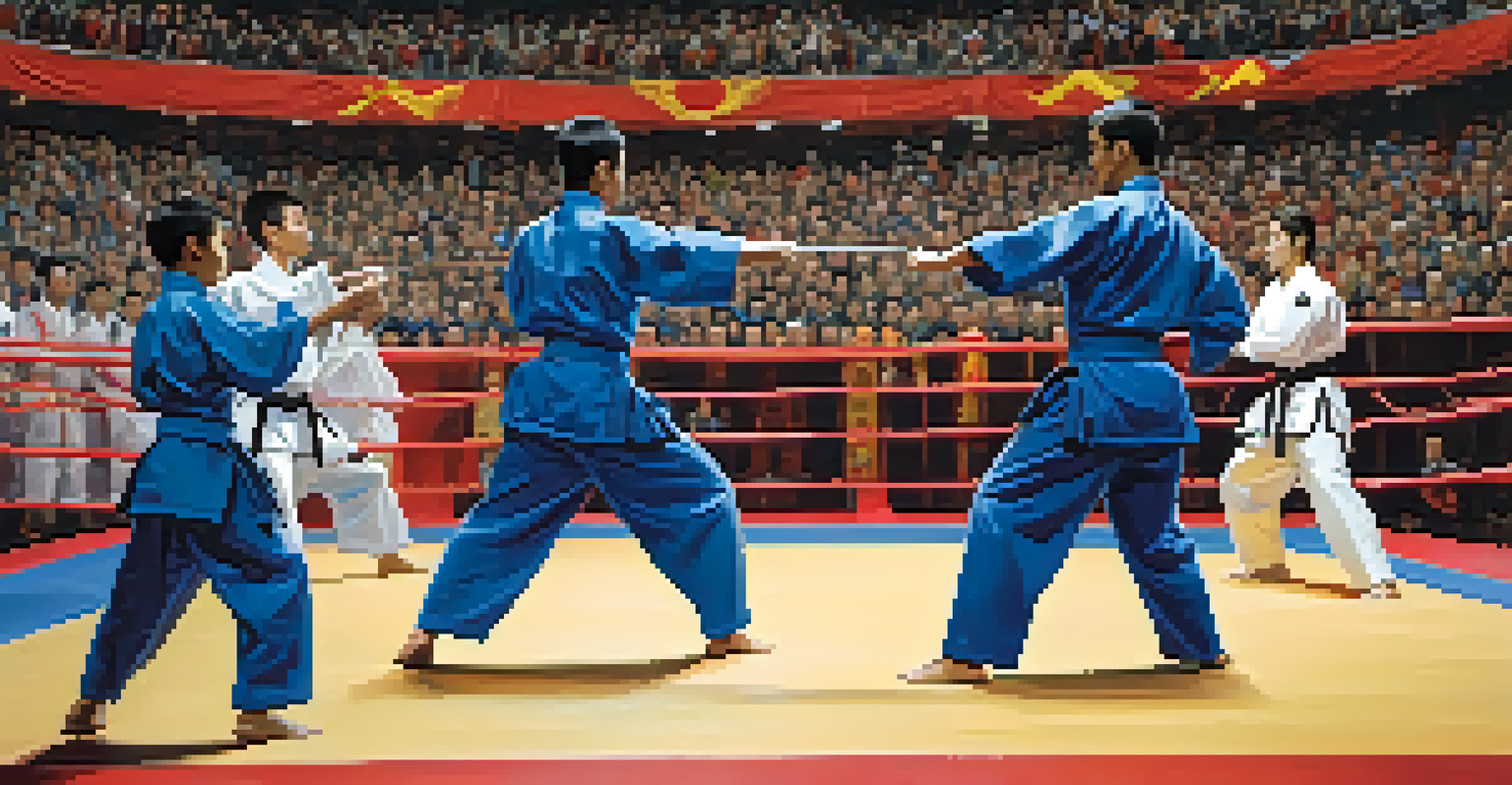 Athletes from different countries competing in a martial arts event, emphasizing cultural diversity and athleticism.