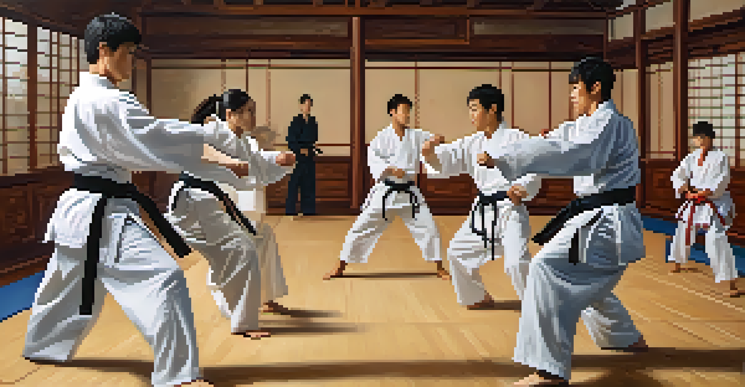 Martial arts students sparring with each other, showing determination and focus, while instructors watch.