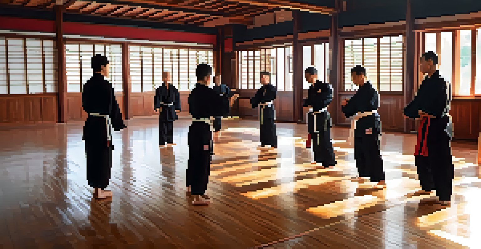 Students training in a Kung Fu dojo, focusing intensely with sunlight streaming through the windows, highlighting their determination.