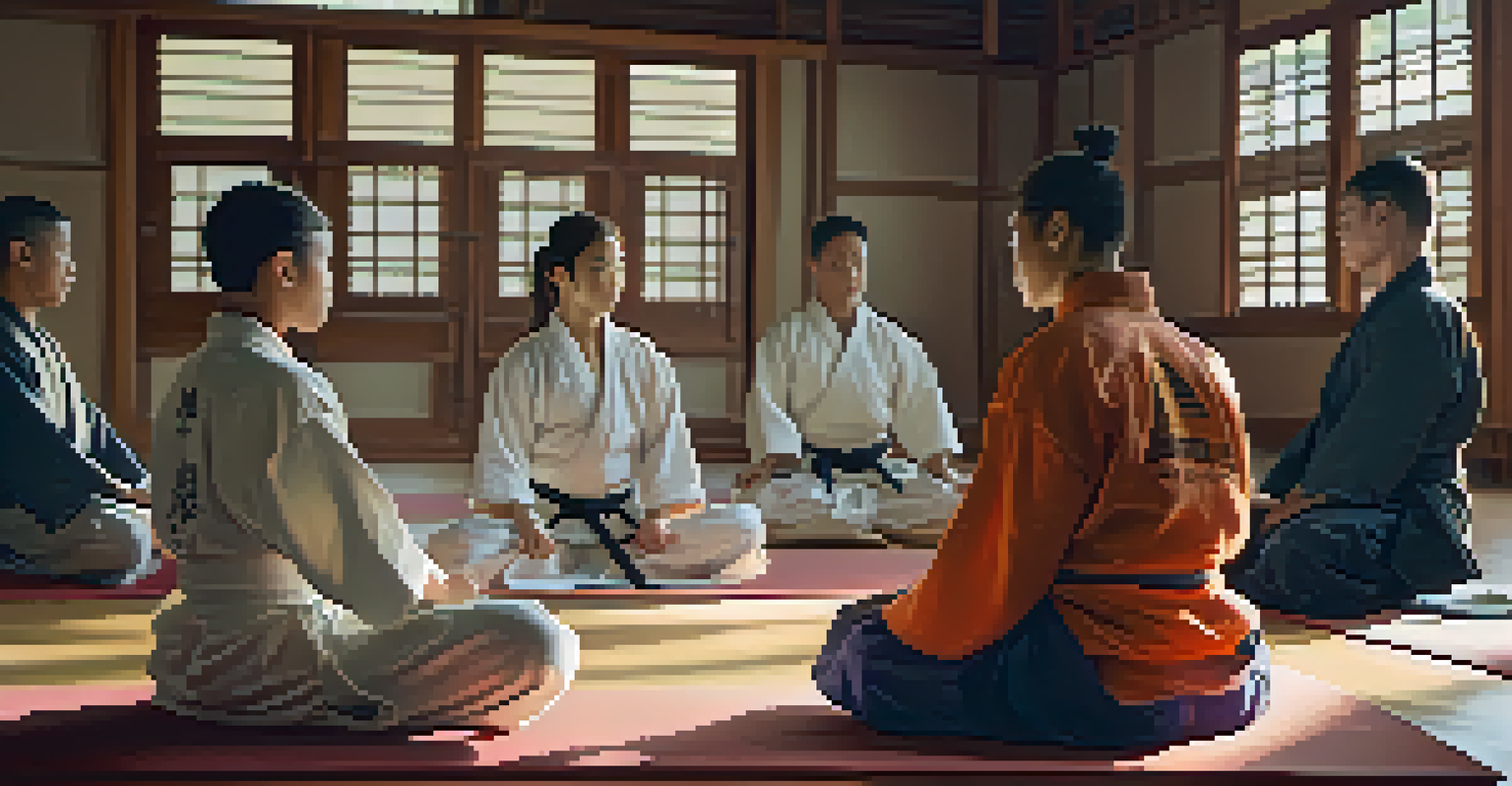 A diverse group of martial arts students sitting in a circle, practicing mindfulness in a dojo.