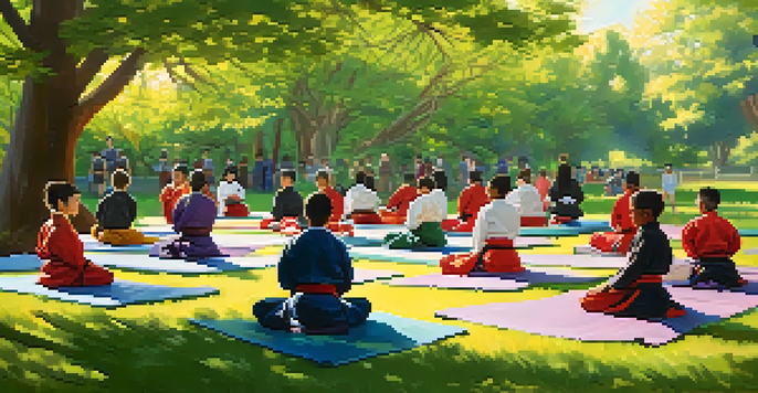 A diverse group of young people practicing martial arts outdoors in a park, with instructors guiding them and sunlight filtering through trees.
