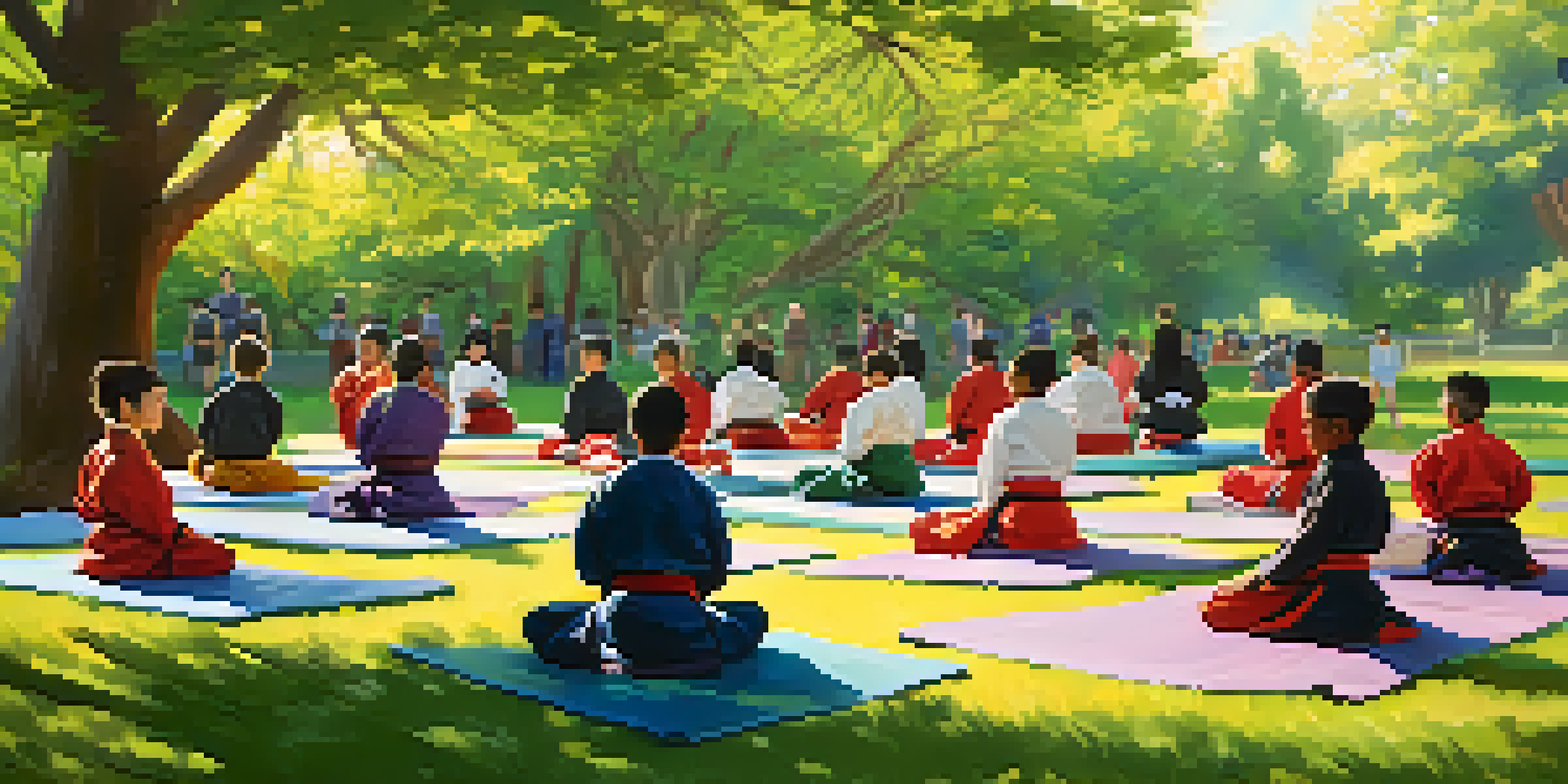 A diverse group of young people practicing martial arts outdoors in a park, with instructors guiding them and sunlight filtering through trees.