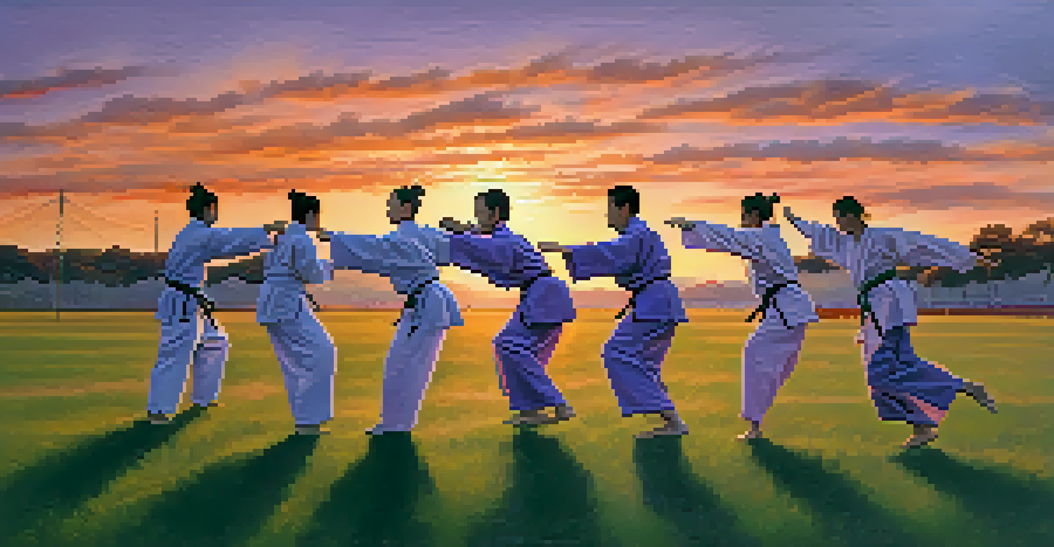 A group of martial artists practicing synchronized movements outdoors at sunset, with an orange and purple sky in the background.